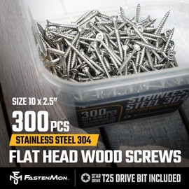 FM FastenMon #10x2-1/2 Stainless Steel Deck Screws, 304 Grade, 300 PCS, T25 Star Drive Bit, Ideal for Outdoor Wood Projects, Fences, Benches, Picnic Tables, and Decks, Bulk Box