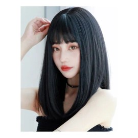 . Peluca Lacia Negro Sintetica Natural Mujer Con Flequillo