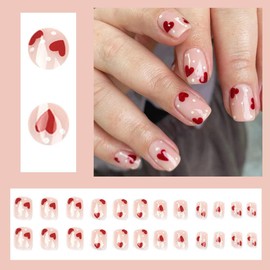 Valentine's Day Press on Nails Short Pink Square Fake Nails with Heart Designs Red Heart Pattern Nails Glue on Nails Artificial False Nails with Design for Women Girls 24 Pcs