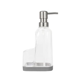 Spectrum Cora Kitchen Soap Dispenser with Sponge Holder for Kitchen Sink Organization, Easy to Clean Soap Pump Sponge Holder Storage Compartment Plastic Sink Caddy with Rubber Grip Base, Gray & Clear