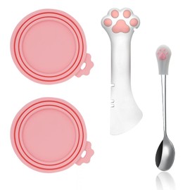 SJANE Cat Food Can Spoons & Can Lids | 4 Pcs | Multi-Function Can Opener | Silicone Pet Food Can Covers | Stainless Steel Wet Food Spoon for Cats and Dogs(Pink)