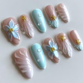 24Pcs Blue Summer Press on Nails Medium Almond Fake Nails 3D Flower Acrylic Nails with Gold Beads Starfish Charms Handmade Nails French Tip Glue on Nails Ocean Beach False Nails for Women Girls