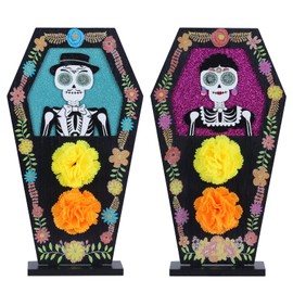 DECSPAS Day of The Dead Decorations, 2 PCS Wood Block Woman & Man Sugar Skulls Dia De Los Muertos Decorations, Wooden Coffin Skeleton Decor for Altar, Ofrenda, Home, Table, Mantle, Mexican Fiesta