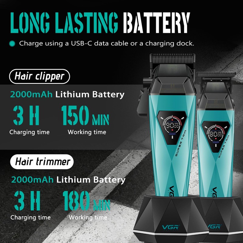 VGR 877S2 Cordless Barber Clipper Trimmer Set with 9000 RPM,