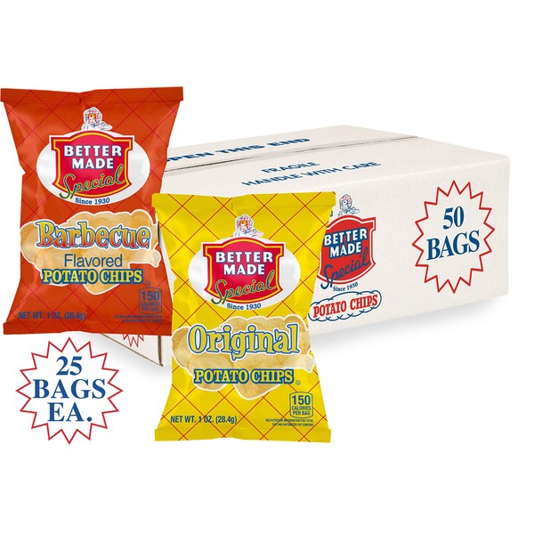 Better Made Special Original & BBQ Potato Chips Variety Pack - Case of 50 - 1oz Bags - 25 BBQ/25 Original