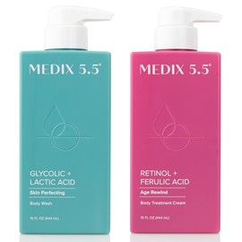 MEDIX 5.5 Exfoliating AHA Glycolic Acid Face & Body Scrub Cleanser + Retinol Moisturizing Body Cream Lotion Skin Care 2PC Set | Alpha Hydroxy Acid & Lactic Acid Foaming Body Wash & Face Wash, 2-PC
