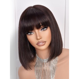 CoCrowns Bob Wig Human Hair 210% Density Bob Wig with Bangs 100% Human Hair Wigs for Black Women Pre-Bleached Glueless Straight Bob Wigs (2#)