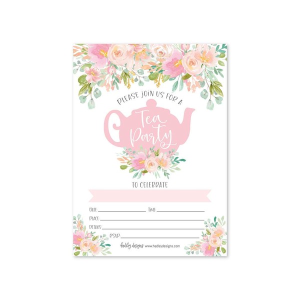25 Floral Tea Party Invitations, Little Girl Garden Tea Cup Time Bridal or Baby Shower Invite, High Tea Themed Ladies Event Ideas, Vintage Kids Birthday Supplies, Printed or Fill in The Blank Card