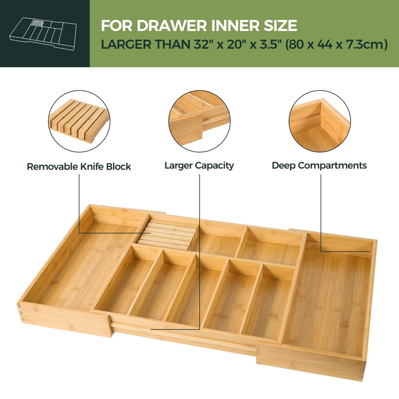 VaeFae Extra Large Kitchen Utensil Holder, Bamboo Silverware Drawer Organizer,