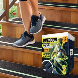 THUNDER GRIP Grip Tape for Stairs 30" x 8" - 12-Pack Outdoor Stair Treads Non-Slip Weather Resistant - Anti Slip Tape for Exterior Wooden Steps - Glow in The Dark Waterproof 80-Grit Adhesive Treads