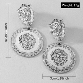 KaFu Statement Lion Head Earrings Big Coin Gold Circle Baroque Animal Dangle Earrings Vintage 80's Women Dainty Gift (silver)