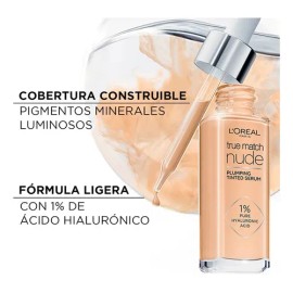 L'Oréal Paris True Match Sérum Rellenador con Color, Base de Maquillaje con Ácido Hialurónico, Hidrata la Piel al Instante, Textura Ligera, Tono 0,5-2