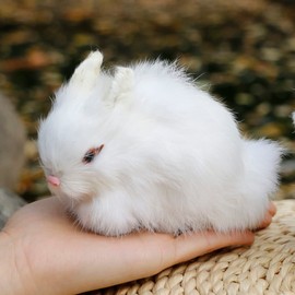 Pack of 2 Easter Rabbits Figurines Mini Furry Bunnies for Basket/Baby Shower Kids Newborn/Photograph Prop/Home Shelf Desk Decorative Statue (White+Brown)