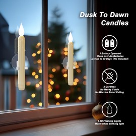 Meigic 6 Pcs Sensor Dawn to Dusk Window Candles, Flickering Battery Candles for Windows, Ultra Bright Fake Candle Lights with Suction Cup, Led Candlesticks for Xmas Home Decor, White Light