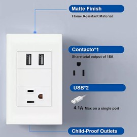 Megaluz HY-B309 Placa Contacto Tomacorriente Inteligente Conector USB 1 Puertos de Carga, 1 Apagador Multicontacto, 265V, 15A Enchufe Contacto Resistente, Placa de Pared (Blanco) (1)