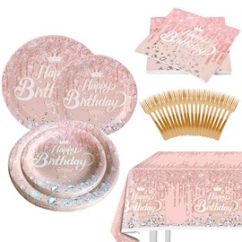 81 PCS Vajilla para fiesta de cumpleaños,juego de vajilla desechable para fiesta,platos, tenedores, pañuelos y manteles,20 invitados,adecuado para fiestas de cumpleaños de niños y niñas (Rosa)