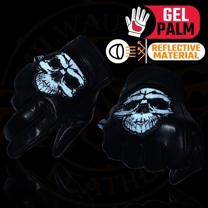 Milwaukee Leather Men's Black Leather ‘Reflective Skull’ Motorcycle Hand Gloves