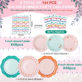 Skybooly 144 Pcs 48 Guests Italian Summer Party Paper Plates and Napkin Set Heavy Duty Italian Summer Scalloped Party Plate Napkin Disposable Pastel Supplies Decoration for Bridal Baby Shower Wedding