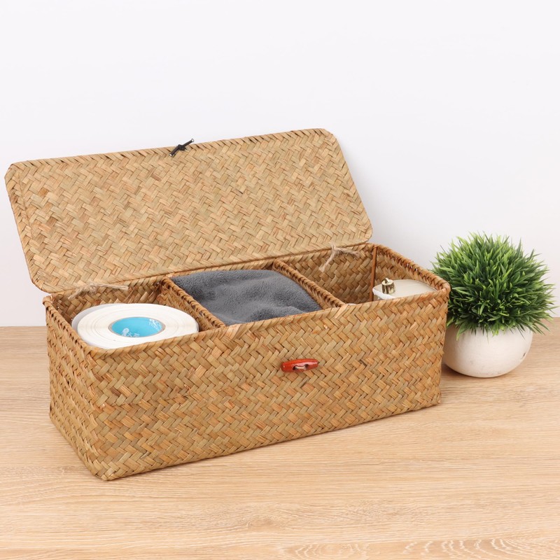Moosky Wicker Shelf Baskets with Lid,Rectangular Seagrass Woven Storage Baskets