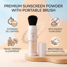Pincel en Polvo Fijador de Protector Solar, Polvo Facial Mate con Control de Aceite con Cepillo Portátil para Retoque de Maquillaje