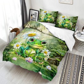 AILONEN Cartoon Frog Duvet Cover Set Queen Size, Green Frog with Daisy Bedding Set for Kids Boys Girls,Tropical Amphibian Comforter Cover,Nature Bedding Set,3 PCS,1 Quilt Cover and 2 Pillowcases