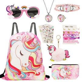 Hifot 18 Pieces Unicorn Drawstring Backpack Jewellery Set for Girls, Gift Bags, Party Bags, Sunglasses, Makeup Bag, Necklace, Keyring, Bracelet for Children, Party, Birthday, rose