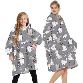 L&ieserram Oversized Oodie Blanket Hoodie Fluffy Fleece Hoodie Blanket for Women Men Kids Wearable Hooded Blanket with Big Pocket (Cats - Grey, One Size)
