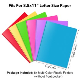 Briartw 6 Pack Colors File Folder,Heavy Duty Plastic Pocket Folder with Prongs for Letter Size Paper,2 Pockets and 3 Prongs,As Well As 2 Card Slots,for Office and School Staff or Students