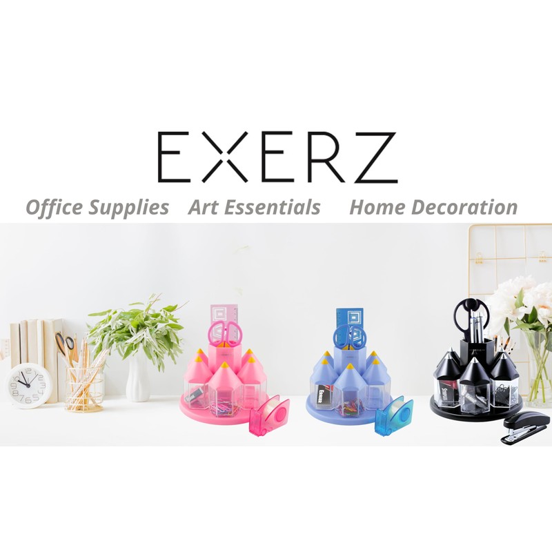 EXERZ Black Desk Organiser, Rotating Pen Tidy with 5 Accessory