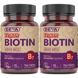 DEVA Vegan Biotin 6000mcg 2-Pack – Vitamin B7, Easy-to-Swallow Tiny Tablets, 90 Count Ea