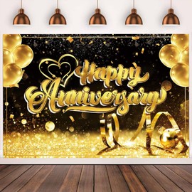 QYCX Anniversary Party Decorations - Black and Gold Backdrop Banner for Wedding Celebration - Happy Anniversary Party Supplies