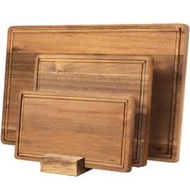 KOLWOVEN Wood Cutting Boards for Kitchen - Set of 3, Wooden Cutting Board Set with Holder for Chopping Meat, Cheese, Fruits, Vegetables, Knife Friendly Serving Tray