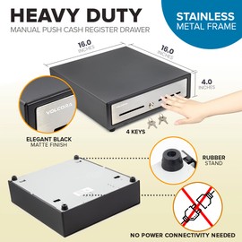 16" Manual Push Open Cash Register Drawer for Point of Sale (POS) System - Black and Stainless Steel Front Touch Panel - Durable Cash Drawer with Removable Tray, 5 Bills and 8 Coin Slots, Key Lock