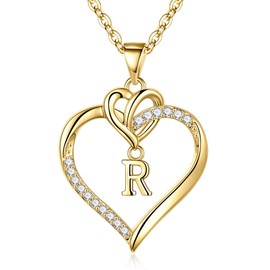 STORUP Gold Heart Initial Necklaces for Women, Heart Initial R Necklaces for Dainty Heart Necklace 14K Gold Plated Heart Necklace for Women Jewelry Gifts for Mom Women
