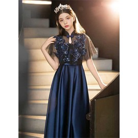 VOKLLIYU Children's Dress, For Piano Recitals, Girls, Concerts, 2 Ways To Wear This Dress, For Children's Formal Dress, Violin, Luxurious, Elegant, Junior School Student, Wedding, Birthday, Stage (1/Navy 160)