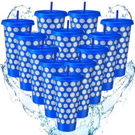 Domensi 12 Pcs Volleyball Plastic Tumbler with Lid and Straw 24oz Reusable Plastic Cups Gifts for Fan Friend Volleyball Birthday Party Gifts Supplies(Blue)
