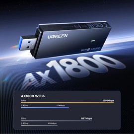 UGREEN USB WiFi 6 Adaptador para PC, WiFi USB de Doble Banda de 5 GHz/1201 Mbps, 2.4 GHz/574 Mbps, Tarjeta Adaptador de Red Inalámbrica Compatible con Windows 10/11