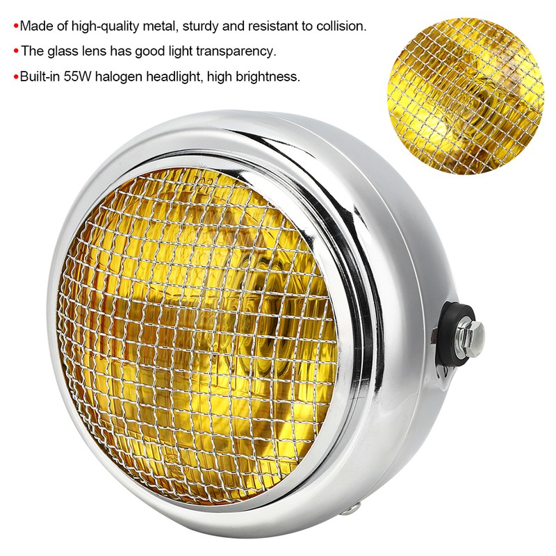 7in 55W Motorcycle Grill Headlight Vintage Style High/Low Beam Halogen