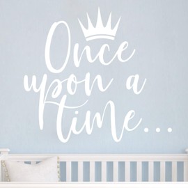 Once Upon a time with Crown Wall Sticker Art Vinyl Home Quote Decals for Kids Girl Princess Room Nursery Decoration House Interior Design YMX38 (White, 42X38CM)