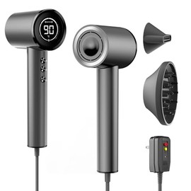 AEMOLL Hair Dryer, 150000RPM Professional High-Speed Negative Ionic Care Blow Dryer, Heat-Control, Fast Drying, Low Noise with Magnetic Diffuser and Nozzle, 4 Temps & 3 Speeds, HD Display Gray