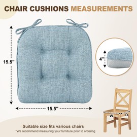 downluxe Indoor Chair Cushions for Dining Chairs, Tufted Overstuffed Textured Kitchen Chair Pads with Ties and Non-Slip Backing, 15.5" x 15.5" x 4", Light Blue, 4 Pack