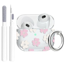 Frylaa Compatible with Airpods 3 Case Clear 2021,Cute Floral Clear Case for Airpods 3rd Generation Case Cover,Shockproof Soft TPU Case for Airpod 3 Charging Case with Keychain and Cleaning Pen-Pink