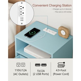 Masupu Nightstand with Charging Station,Mid-Century Modern Bedside Table with Storage Drawer and Open Wood Shelf,Small Gold Frame Side Table for Bedroom,Living Room (Blue)