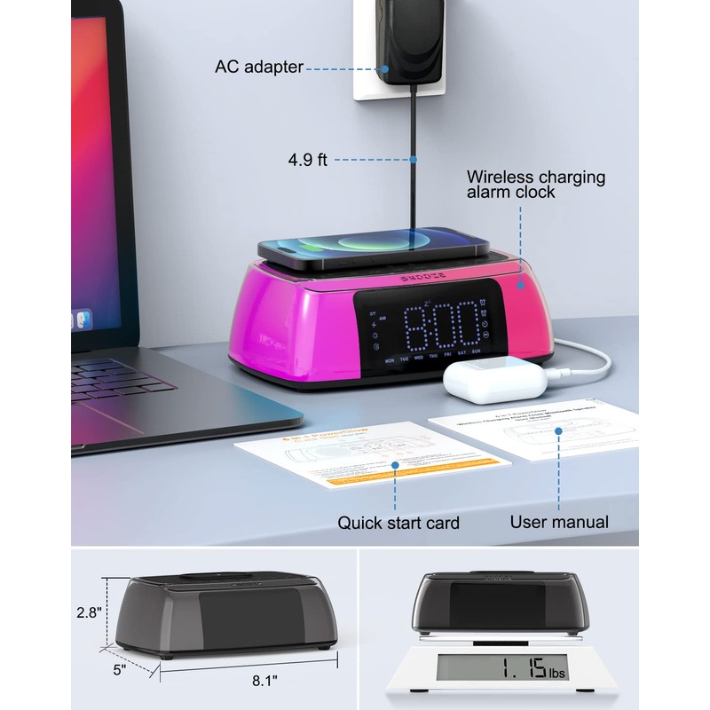 Alarm Clock with Wireless Charging, Digital Loud Alarm Clock with