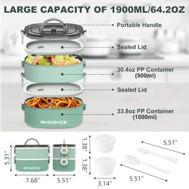 RIKDOKEN Lunch Box, Stackable 2 Layers Containers, Portable 64OZ Large Capacity Leakproof Bento Box with Spoon & Fork & Sauce Boxes, Microwave Safe Lunch Box for Kids and Adults