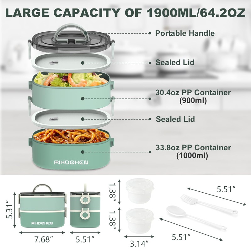 RIKDOKEN Lunch Box, Stackable 2 Layers Containers, Portable 64OZ Large