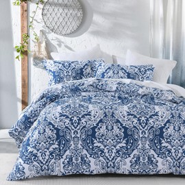 PERHOM Blue Duvet Cover Queen - Paisley Damask Duvet Cover Queen Size, 3 Pieces 100% Cotton Cover Set, Ultra Soft Bedding Duvet Covers for All Season, 90"x90", No Comforter