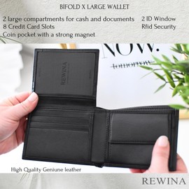REWINA Leather Wallet,Mens Bifold Wallet,RFID Blocking, Slim Front Pocket, 2 ID Window, Magnet Coin Pocket,Wallets for Men, BLACK, Bifold