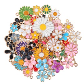 Ouligay 60 Pieces Enamel Flower Pendants for Bracelets Cute Daisy Cherry Flowers Charms Pendant Set Small Flower Pendant Enamel Charm for DIY Necklaces Bracelet Jewellery Making