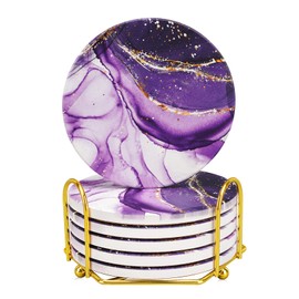 Geichan Purple Coasters for Drinks with Gold Holder,Absorbent Marble Coasters Set with Cork Base for Tabletop Protection